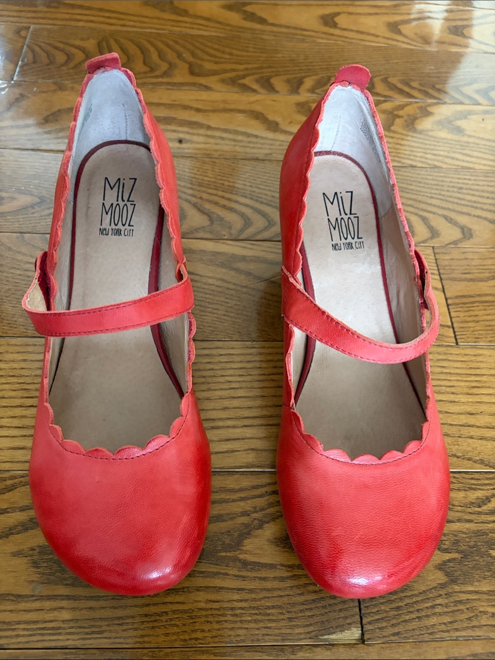 Miz Mooz Coral-Red Scalloped Strap heels
